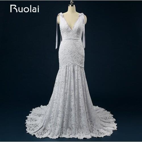 Real Picture New Wedding Dresses with Pocket V-Neck Sash Court Train Mermaid Bridal Gown Robe de Mariage Ribbons ASAFN58