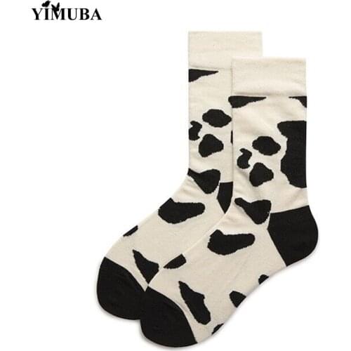 YIMUBA Cream-coloured Cow Printed Cotton Socks Japanese Harajuku Funny Casual Ankle-High Women Socks Everyday Hosiery Streetwear