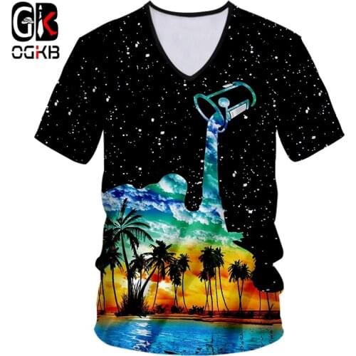 OGKB V-neck Tshirt Women/men Print Cup Pour Milk Coastal 3D T-shirt Beach T Shirts Unisex Slim Fit Short Sleeve Casual Tees 7XL