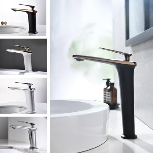 Solid Brass Basin Faucet Single Handle Chrome Black White Bathroom Wash Basin Tap Deck Mounted Tall Lavatory Sink Mixer Faucets