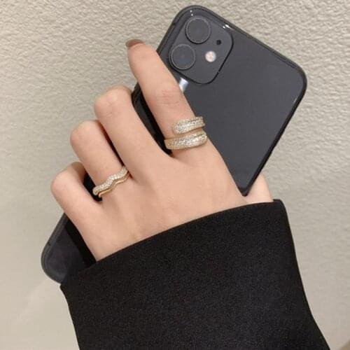 U-Magical Statement Double Layer Wave Gold Metallic Ring for Women Shining CZ Zircon Open Adjustable Index Finger Ring Jewelry