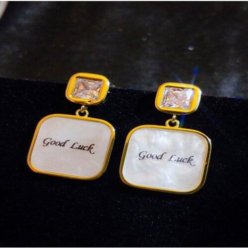 Shiny Square Shell Stud Earrings for Women Letter "Good Luck" Bling Iced Out Crystal Zircon Women Earrings Fashion Jewelry