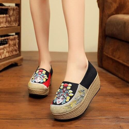 YourSeason Face Embroidery Ladies Retro Handmade Cotton Linen Slip On Shoes Canvas 5cm Flat Platform Women Thick Bottom Sneakers