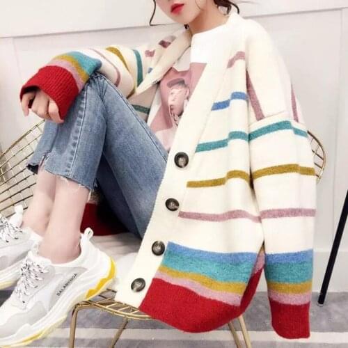 2021 Autumn Winter Oversized Striped Cardigan Women Knitted Sweater Jacket Single Breasted Long Sleeve Cardigan Coat Female w442