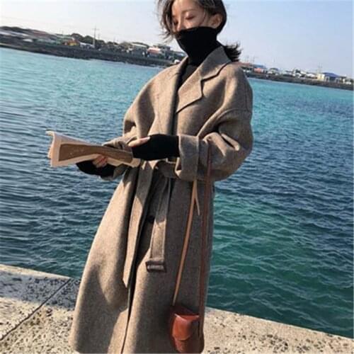 2020 New Autumn Winter Woolen Coat Female Vintage Cashmere Long Section Wool Coats For Women Belt Overcoats V1055