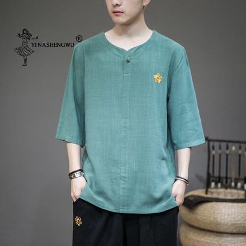 Japanese Tops Kimonos Short Sleeve T-shirt Loose Embroidered Harajuku Yukata Japan Summer Cotton Linen Men Shirts Asian Costume