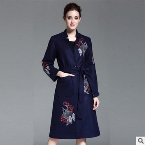 Plus 3XL winter 2017 Spring wool coat womens Trench coats embroidered Blends medium-long woolen outerwear overcoat jackets