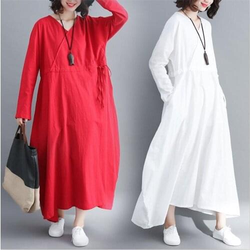 2020 Women Autumn Vintage Loose Long Dress Large Size 2XL Cotton And Linen Solid V-Neck Slim Full Sleeves Maxi Dress Vestido