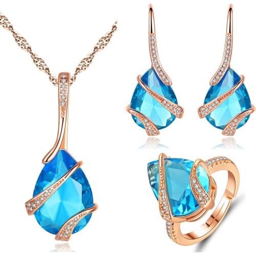 3 in 1 Exquisite Bule Water Drop Crystal 3A Zirconia Pendant Necklace Earrings Rings Jewelry Sets Wedding Party Gifts for Women