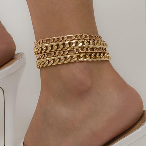 4Pcs/Set Retro Thick Cuban Miami Curb Aluminum Chain Anklet Multilayer Barefoot Sandals Women Summer Bracelet Anklets Jewelry