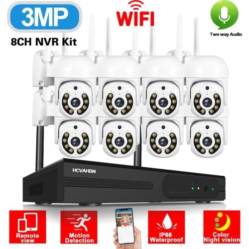 1080P H.265 8 Channel Wireless CCTV Camera System 3MP Wifi NVR Kit 8CH Two Way Audio PTZ IP Security Surveillance Camera Kit 4CH