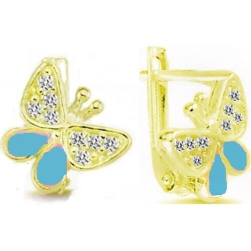 925 sterling Silver Female Child Gold Gilt Blue Enamel Butterfly Earrings