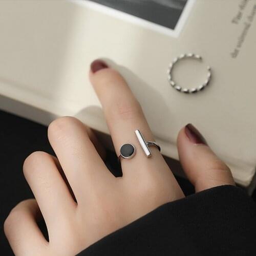 925 Sterling Silver Black Round Bead Rings For Women Open Ring Bijoux Femme Jewelry Anillos jz588