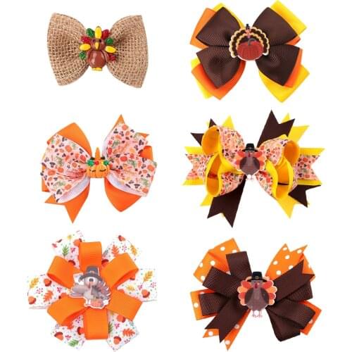 Ncmama Thanksgiving Hair Bow Turkey Grosgrain Ribbon Hairclip Bowknot Hair Bows Girls Kids Hairgrips Hairpins Hair Accessories