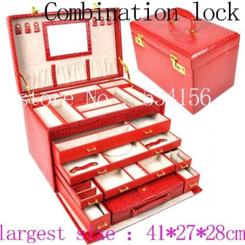 Large space wedding gifts necklaces pendants earrings jewelry holder red luxury PU leather jewelry box gift box (41*27*28cm)