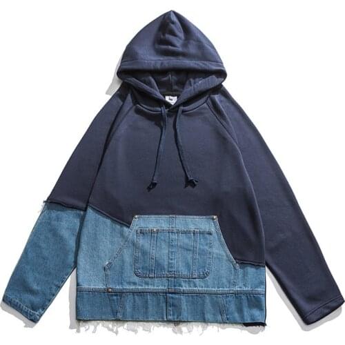 Denim Contrasting Color Panel Street Hip-hop Hooded Mens Mens Hoodies