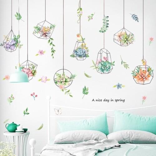 INS Style Painted Fresh Japanese Pot Hanging Basket Plant Wall Stickers for Sofa Bedroom Living Room Background Wall Decorative