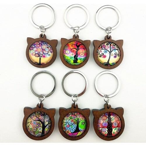 Jiangzimei 24pcs New Design Keyring Cats head Brown Wood base with 25mm Life Tree Glass Cabochon Keychain for Girls gift