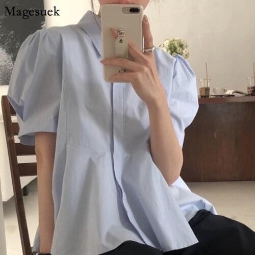 Summer Blouse Women 2021 Korean Chic Ladies Casual Tops Lady Retro Lapel Back Pleated Loose Irregular Puff Sleeve Blouses 15364