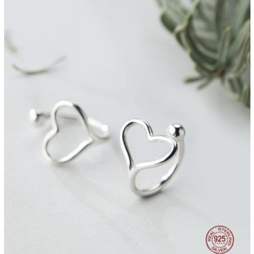 LKO 925 Sterling Silver Ear Cuff Simple Heart Shape Ear Clips No Pierced Earrings For Women Jewellery Birthday Party Gifts
