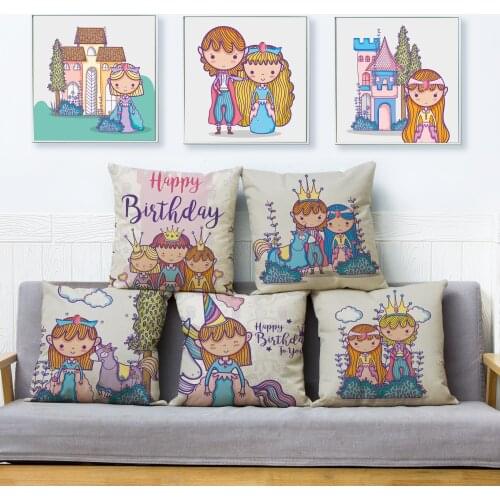 Cute Cartoon Children Girls Princess Print Cushion Cover 45*45 Square Pillow Covers Linen Pillows Covers Home Decor Pillowcase