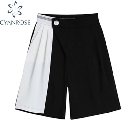 Fashion Streetwear Wide Leg Shorts Women Black White Patchwork Harajuku Loose Cotton Korean High Waist Casual Suit Shorts 2021