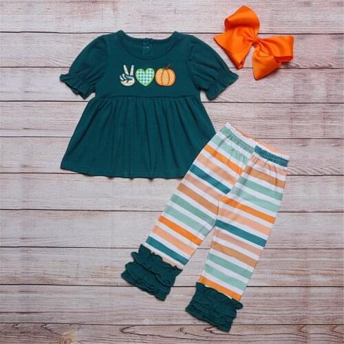 Fashionable Pure Cotton Embroidery Baby Girl Suit Green Short Sleeved And Striped Trousers Childrens Boutique Suit