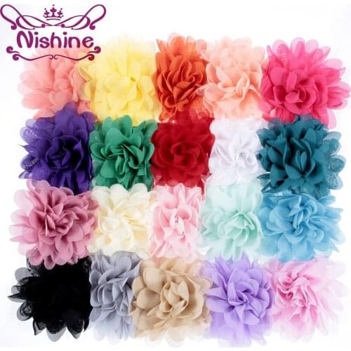 Nishine 20pcs/lot 4" 20 Colors Chiffon Flowers Flatback Flet Flower For Kids Hair Accessories Fluffy Fabric Flowers For Clips