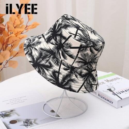 ILYEE 2021 New Summer Coconut Tree Print Sun Protection Panama Hat Casquette Femme Black Beach Bucket Hats for Women Men Caps