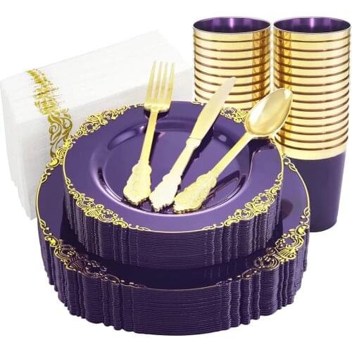 70 Pieces of Disposable Tableware Transparent Purple Black Plastic Plate Cup Knife Fork Spoon Napkin Set Wedding Party Supplies
