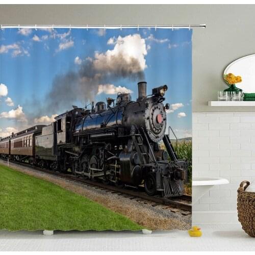 Steam Age Trains Shower Curtain Waterproof Bathroom Curtains Polyester Fabric Retro old Bath Curtain with Hooks Home Decor