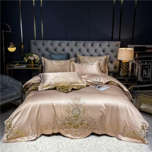 Luxury Champagne Satin Silk Cotton Gold Embroidery Bedding Set Soft Silky Jacquard Duvet Cover Quilt Cover Bed Linen Pillowcases