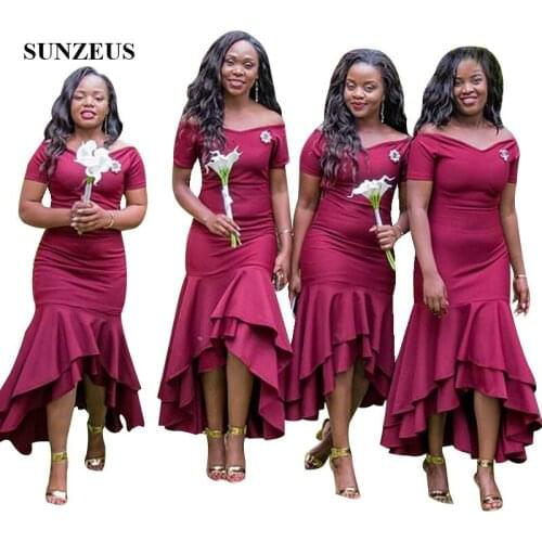 Off Shoulder Short Sleeves Bridesmaid Dress Wined Red Small Mermaid Wedding Guest Dresses Tiered Skirt Formal Gowns