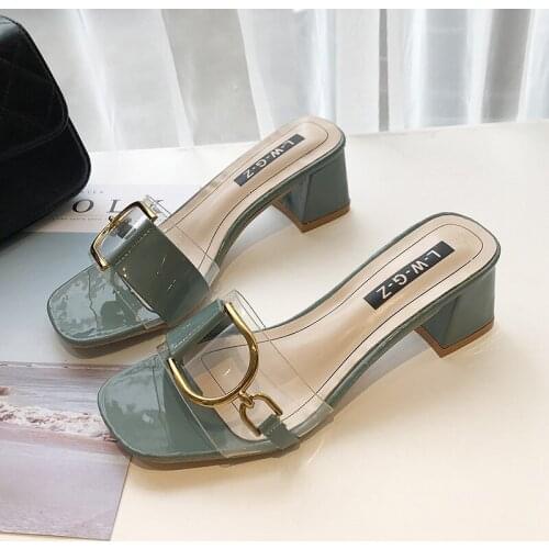 Summer Sandals Slippers Women 2021 New Fashion Slippers Casual High Heels Metal Buckle Outdoor All-Match Sandals And Slippers