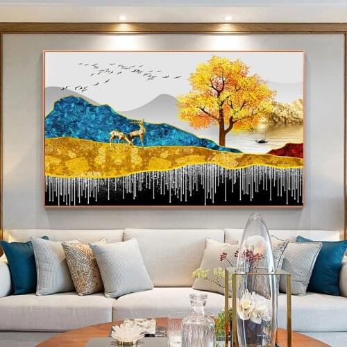 Nordic Golden Tree Deer Rich Canvas Art Posters Prints Oil Painting on Canvas Wall Pictures for Living Room Home Cuadros Decor