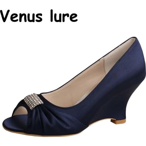 23 Colors Rhinestones Navy Blue Wedge Heels for Women Wedding Size 8 Peep Toe