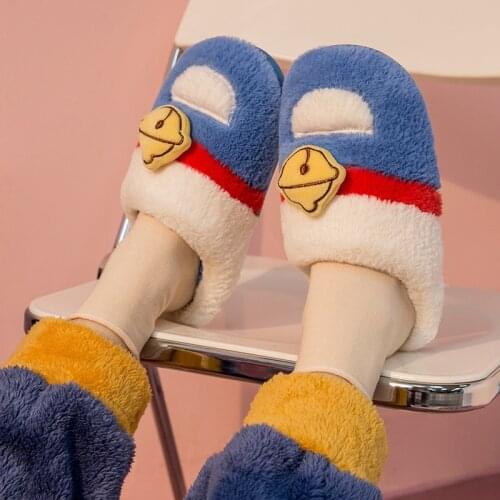 2021 new cotton slippers Doraemon female autumn and winter home indoor cute cartoon couple warm plush mens slippers 12+y