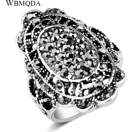 Wbmqda Hot Vintage Bright Black Rhinestone Rings For Women Hollow Big Ring Wedding Party Crystal Fashion Jewelry