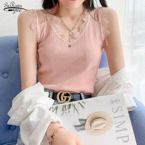 2021 Chic Sleeveless Summer Women Tops Vest Sexy Hollow Out Lace Back Knitted Tank Elegant Solid V-neck Ice Silk Top Femme 13600