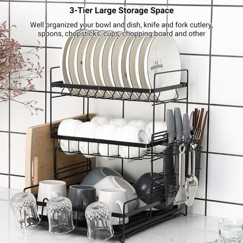 3-tier Bowl Storage Rack Kitchen Draining Rack Plate Draining Board Dish Draining Rack Tableware Cup Bowl Holder Chopsticks Rack