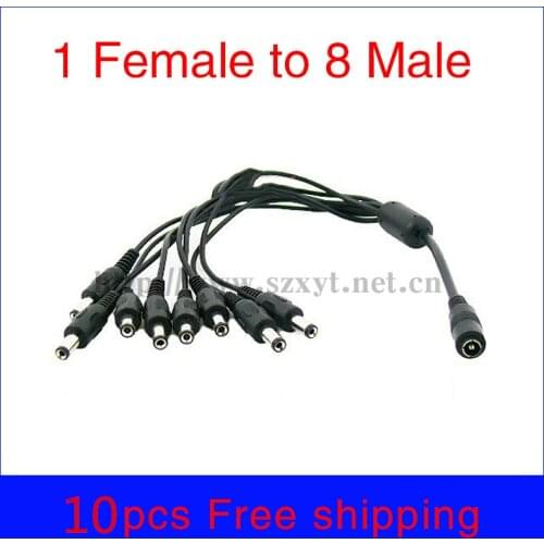 Free Shipping 10pcs DC power 1 female to 8 male connector splitter cable wire 5.5mm/2.1mm for LED and CCTV camera power adaptor