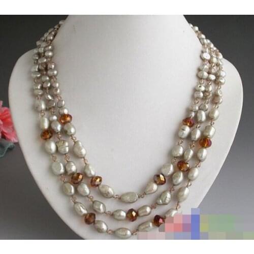 FREE SHIPPING>>>@@ > 3625 3row gray baroque freshwater pearl Austria faceted crystal NECKLACE