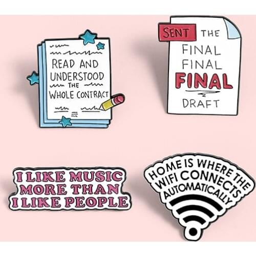 I Like Music Metal Enamel Brooch Cute Cartoon Notebook WIFI Signal Text Badge Simple Lapel Backpack Jewelry Accessories Gift