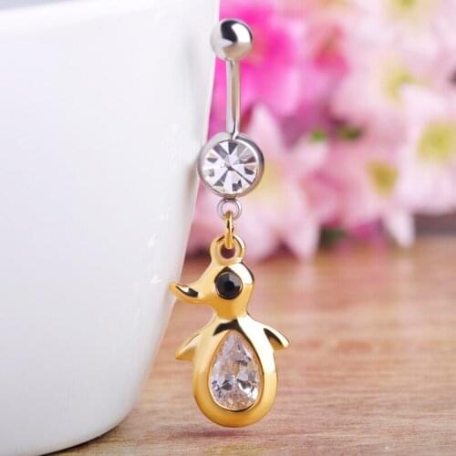 Funmor Kawaii Rhinestone Penguin Shape Dangle Navel Rings Stainless Steel Animal Helix Piercing Women Girls Sexy Body Jewelry
