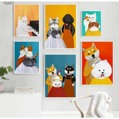 Funny Cartoon Cat and Dog Haircut Canvas Paintings on The Wall Art Printing Pictures for Living Room Kids Bedroom Home Decor