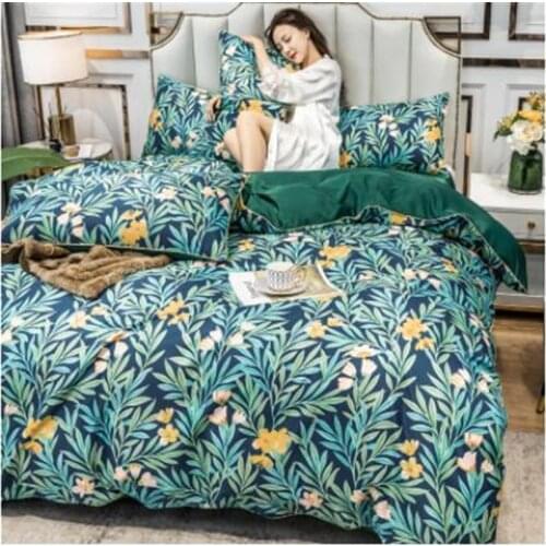 Nordic Style Bedding Sets Tropical Plants Printing Washed Silk Queen King Size Duvet Cover Bed Linen Fitted Sheet Pillowcases