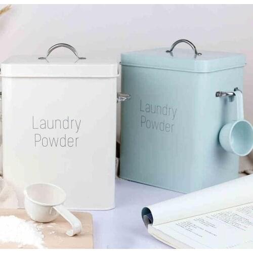 3kg Small Storage Box With Spoon Household Multifunction Iron Covered Bucket Washing Powder Rice Container Nordic Style Barrel