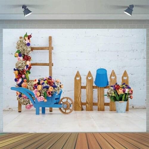 Beautiful White Brick Wall Fence Newborn Baby Shower Backdrop Photography Wooden Trolley Flowers Kids Portrait Photo Background