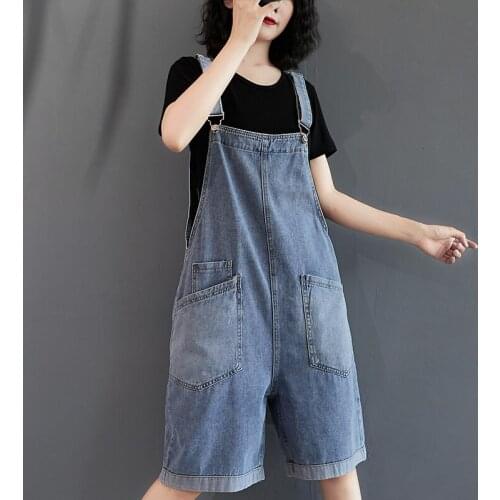 Summer Jeans Playsuits Women Student Vintage Wide Leg Pants Side Big Pockets Spaghetti Strap Denim Overalls For Women Tide
