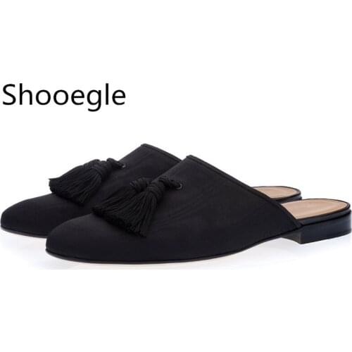 Black Tassel Men Slippers Smoking Slip-On Mules Canvas Flats Handmade Shoes Casual Men